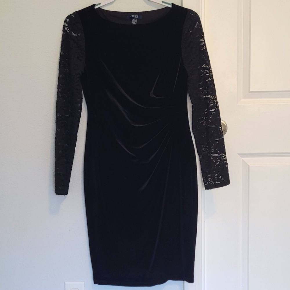 Chaps Velvet bodycon cocktail little black dress lace detail